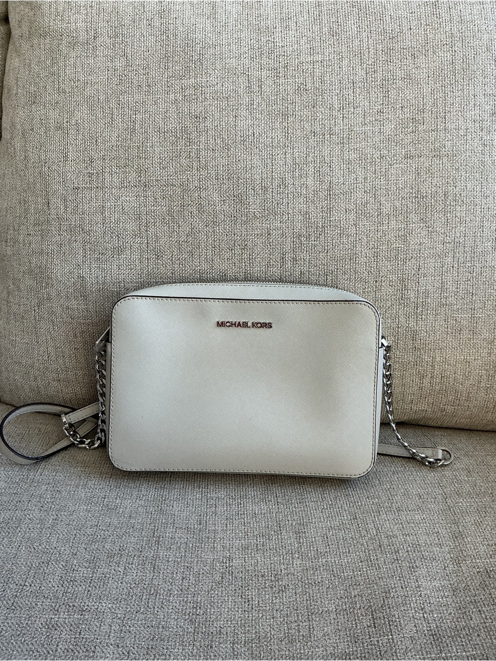 Michael Kors Light Gray Saffiano Leather Silver Chain Jet Set Small Crossbody